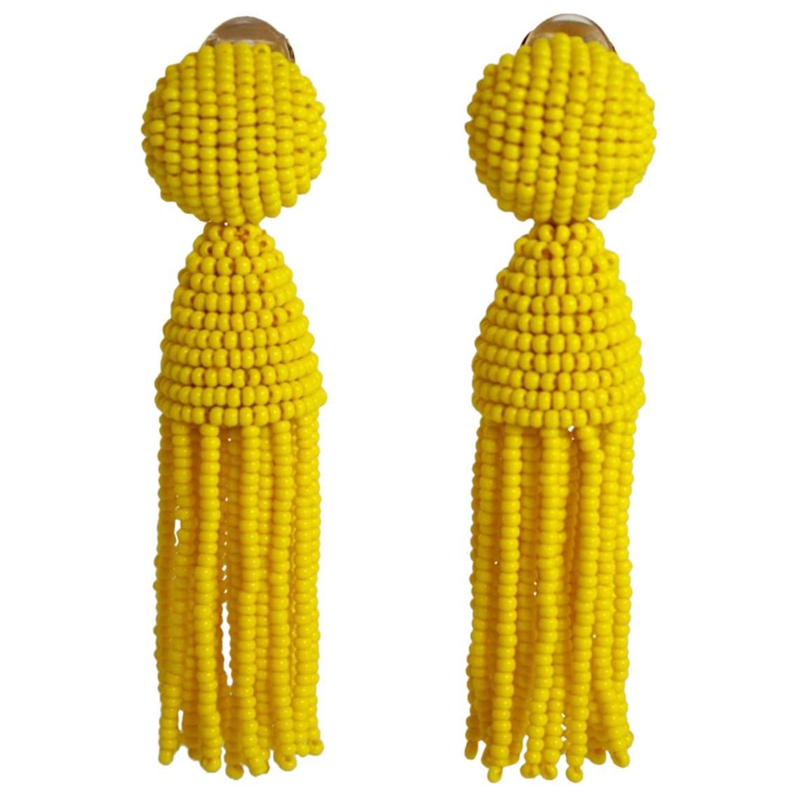 Oscar de la Renta Yellow Short Beaded Tassel Earrings