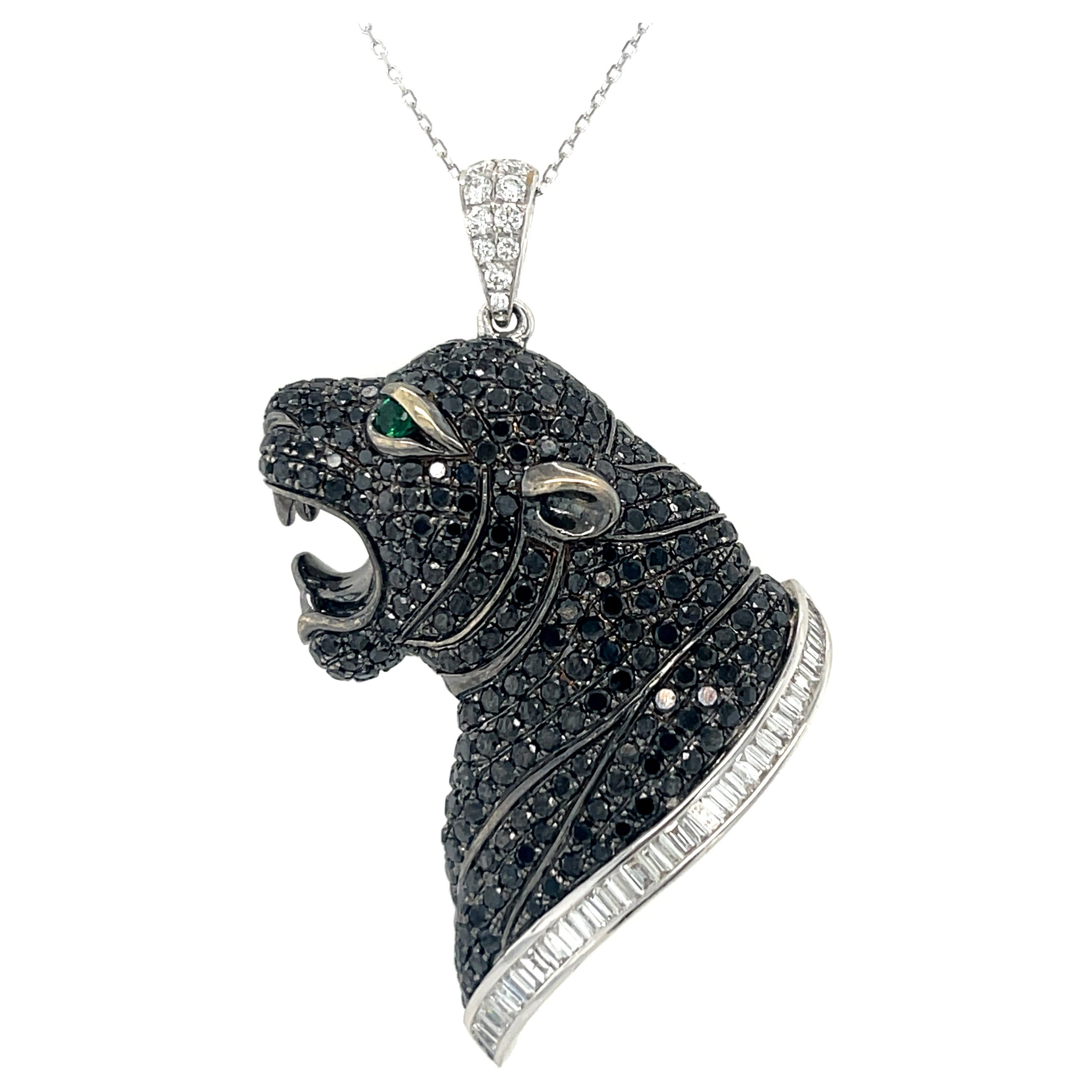 Black Panther Pendant with natural Black and White Diamonds in 18K White Gold For Sale