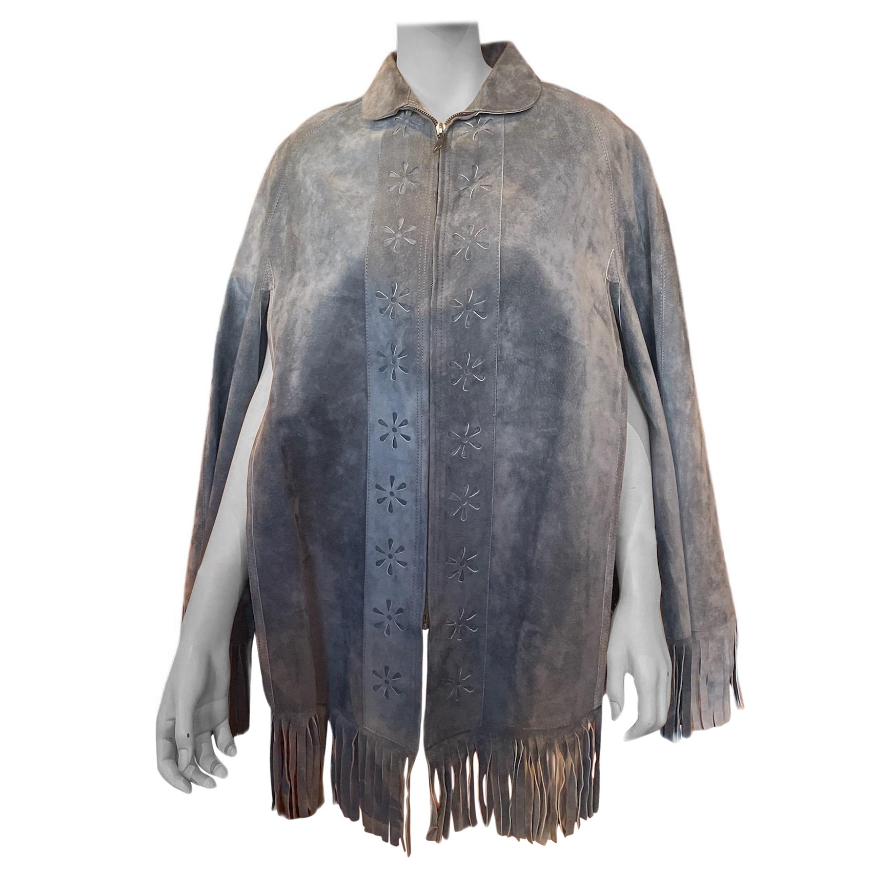 1970s Grey Blue Suede Fringed Collared Zip Up Poncho with Flower Details  For Sale