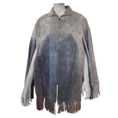 Used 1970s Grey Blue Suede Fringed Collared Zip Up Poncho with Flower Details 