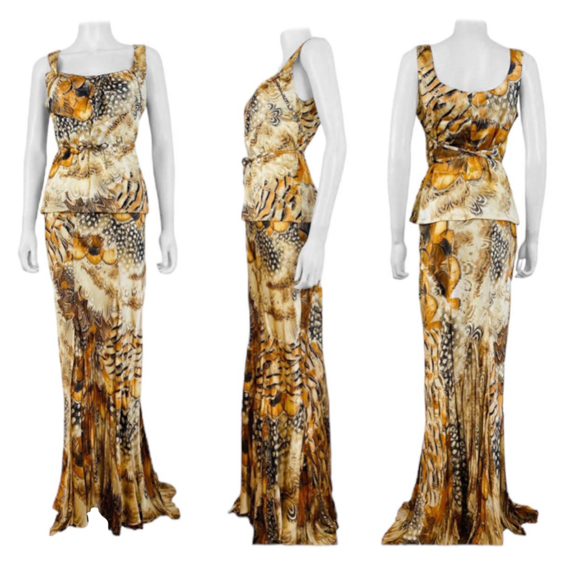 Vintage S/S 2004 Roberto Cavalli Set
Beautiful abstract feather print stretch silk fabric with metallic gold painted accents
Tank style sleeveless top 
Drawstring detail across the top with long ties can be tied multiple ways
Matching maxi length