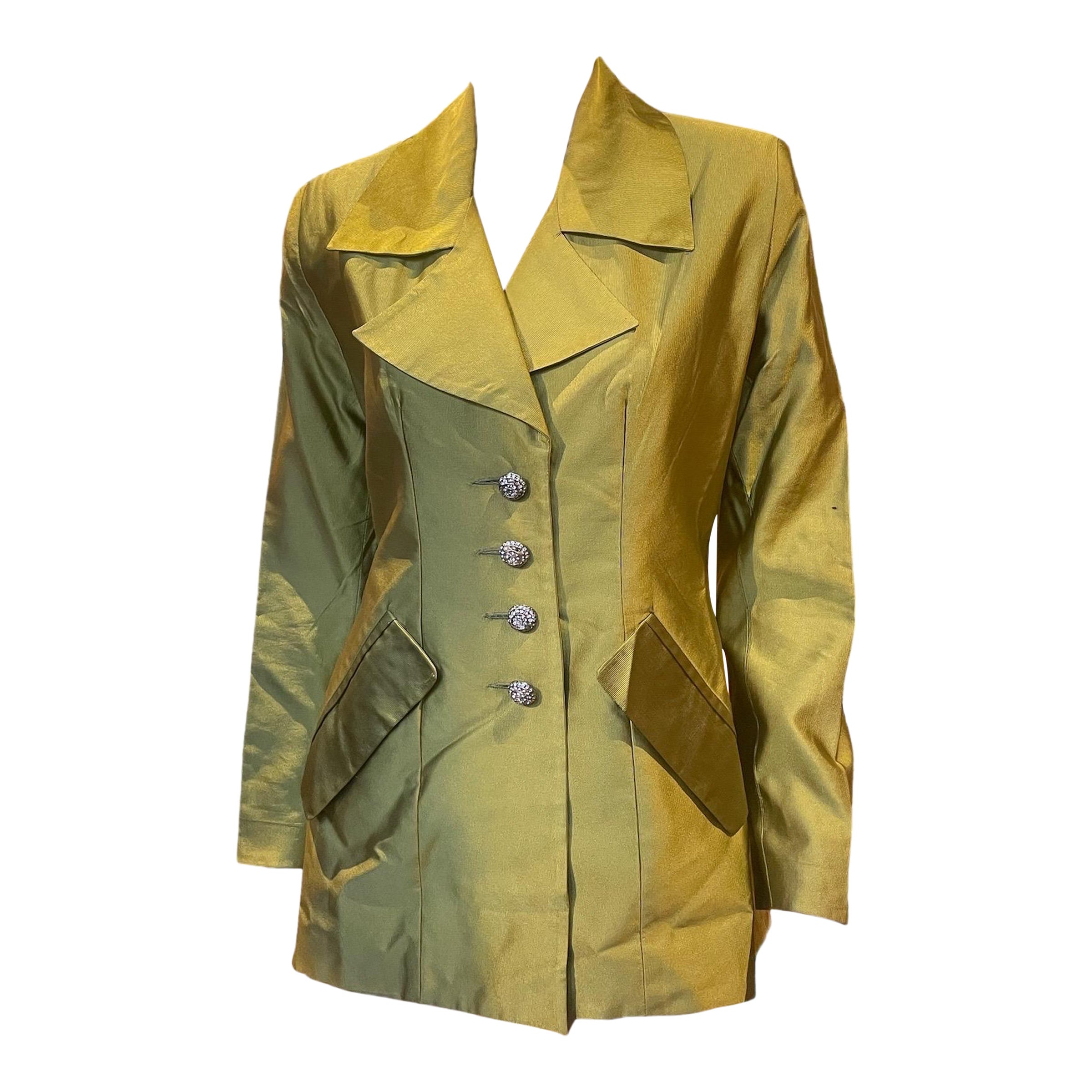 1990s Todd Oldham Silky Olive Green Blazer with Floral Lining  For Sale