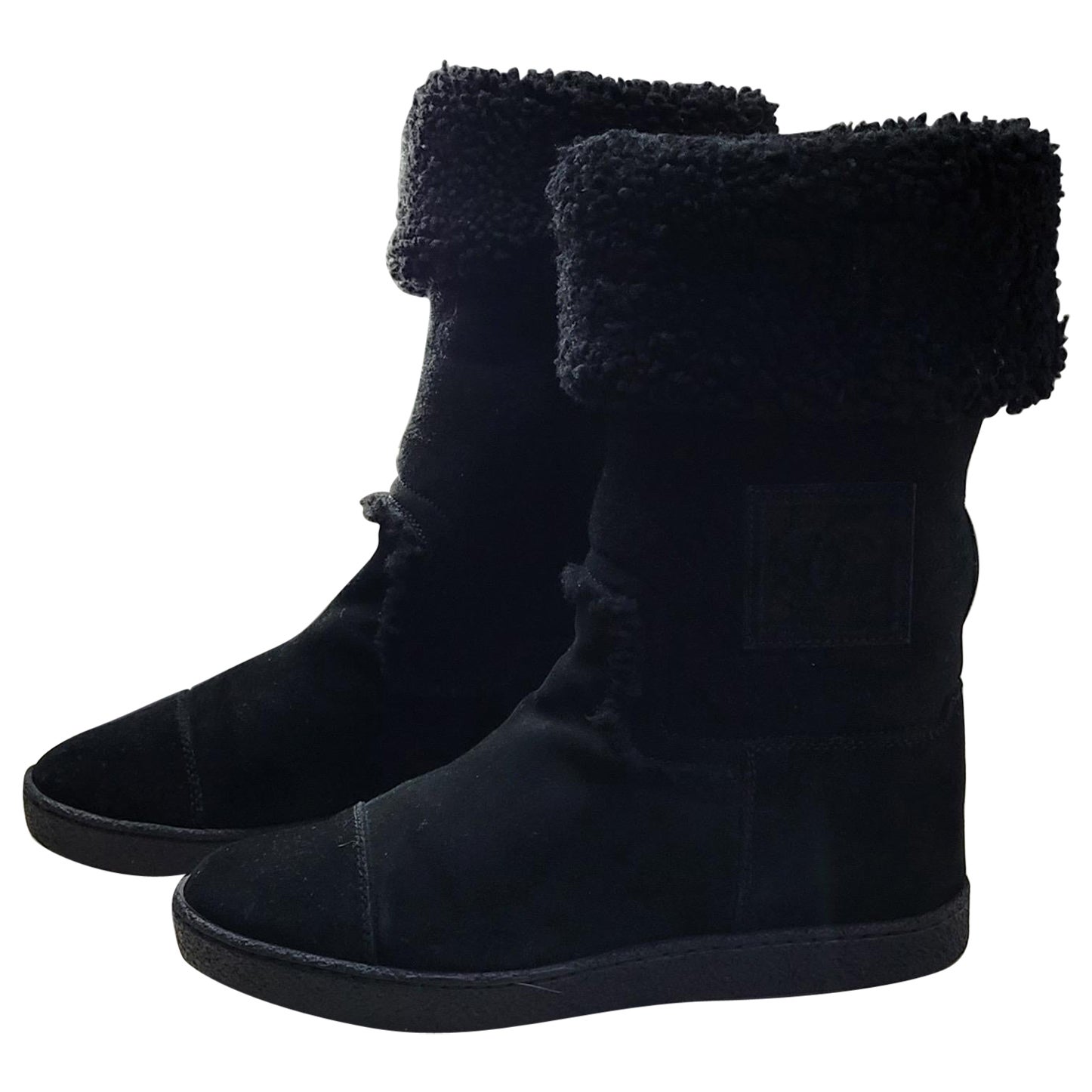 Chanel Black Suede Shearling CC Logo Boots  For Sale