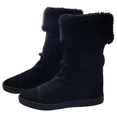 Chanel Black Suede Shearling CC Logo Boots 