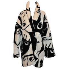 Retro DonnyBrook Bold Black & White Abstract "Faces" Faux Fur Car Coat