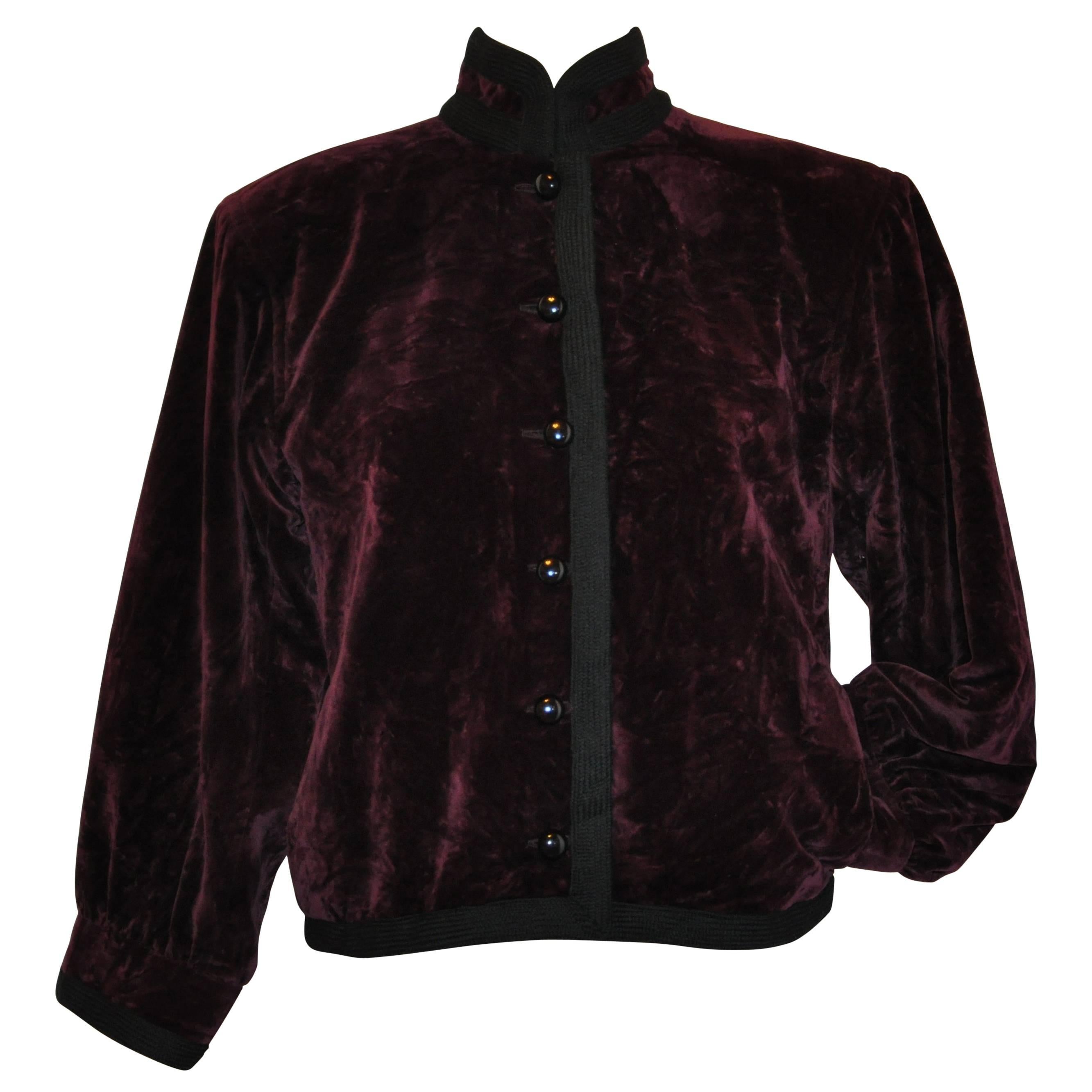 Yves Saint Laurent Iconic "Russian" Collection Maroon Crushed Velvet Jacket For Sale