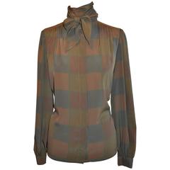 Multi "Olive" Silk Wide-Collar Tie Button Blouse 8