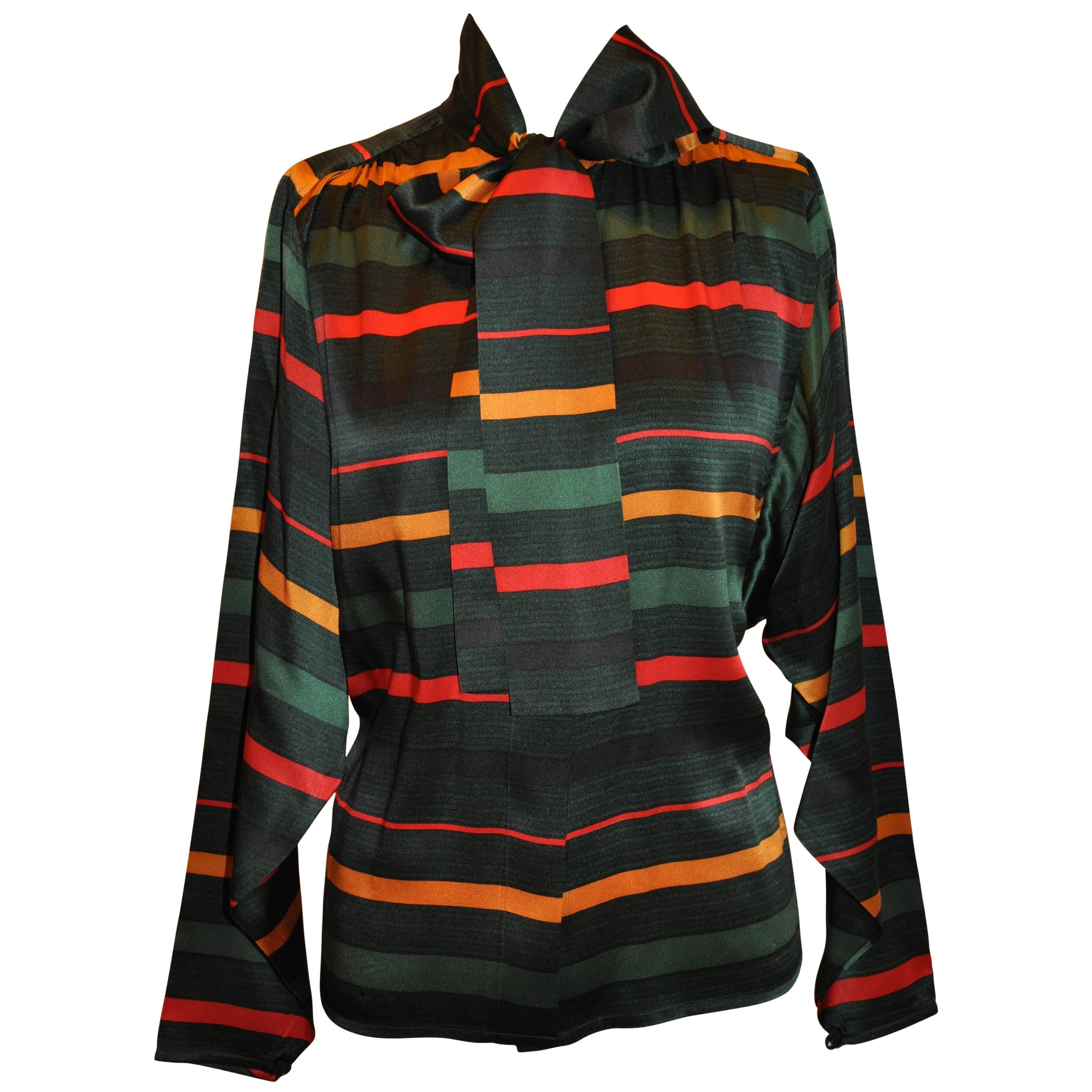 Multi-Color Silk Stripe Extended Collar Tie Button Blouse For Sale