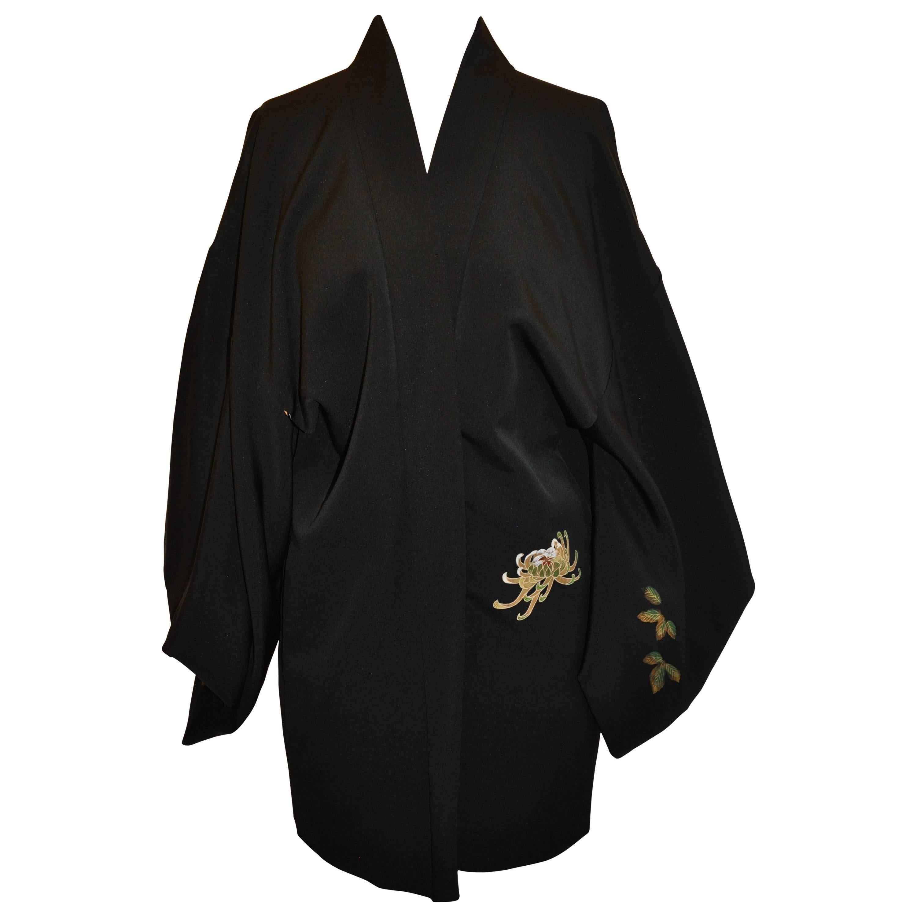 Japanese Black Silk with Cream "Scenes of Japan" Interior Kimono Jacket For Sale