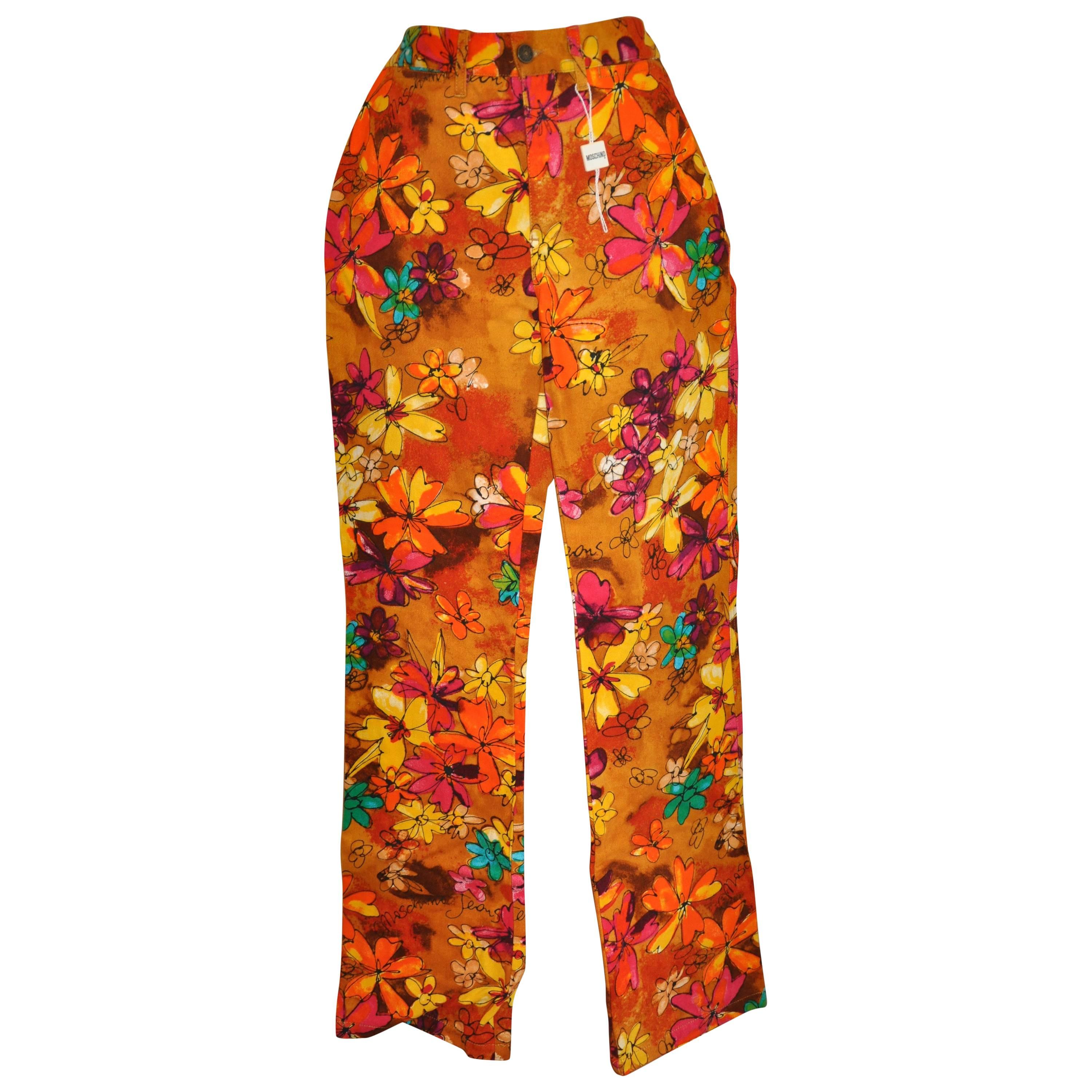 Moschino Bold Multi-Color Floral Flat-Front Brushed Cotton Jeans For Sale