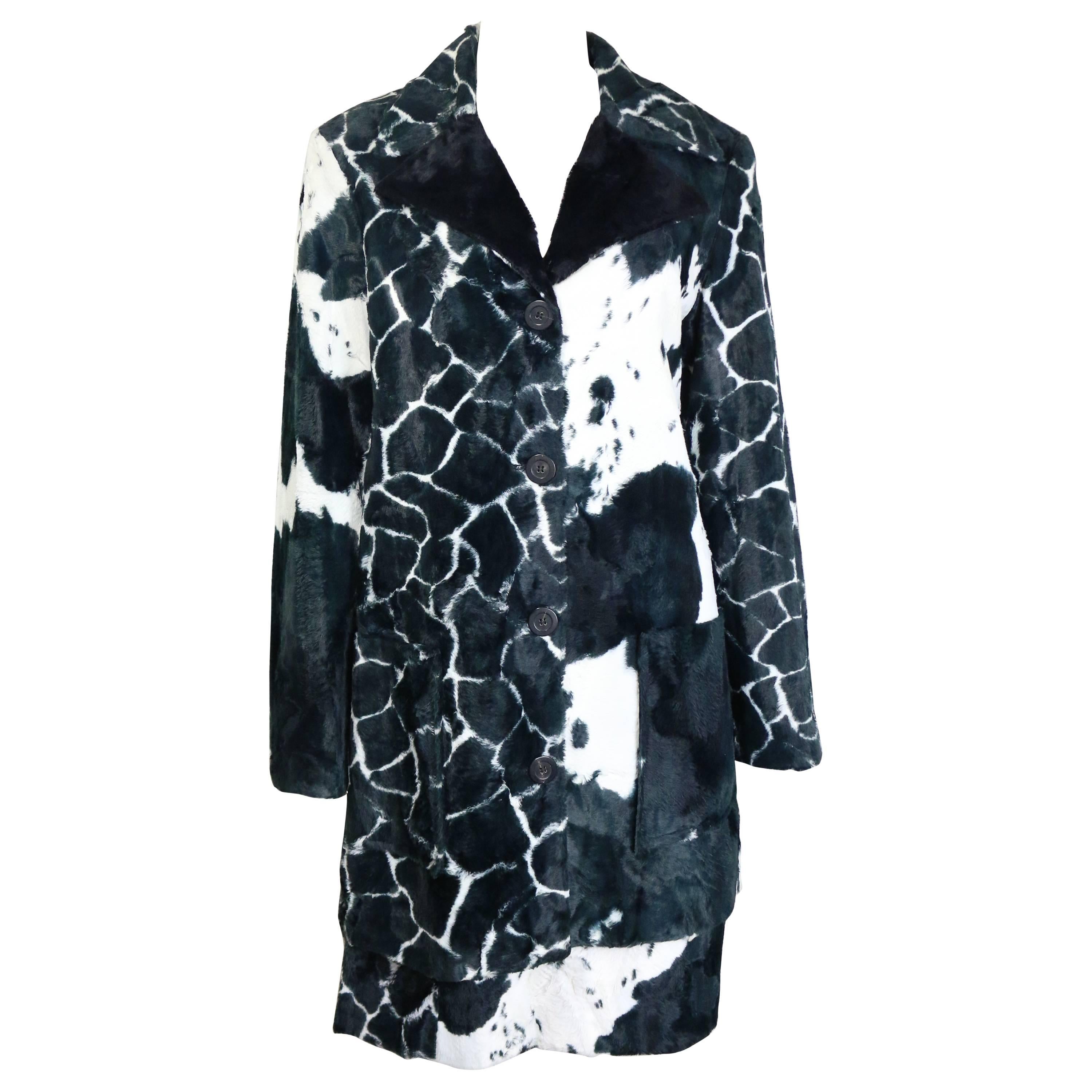 Kenzo Black and White Cow Print Faux Fur Jacket and Skirt Ensemble 