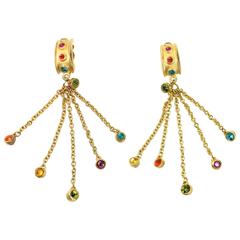 Vintage 80s Gold Toned Setting Multi Colour Rhinestones Dangle Clip On Earrings 12