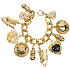 Vintage 80s Gold Chain Charms Bracelet 