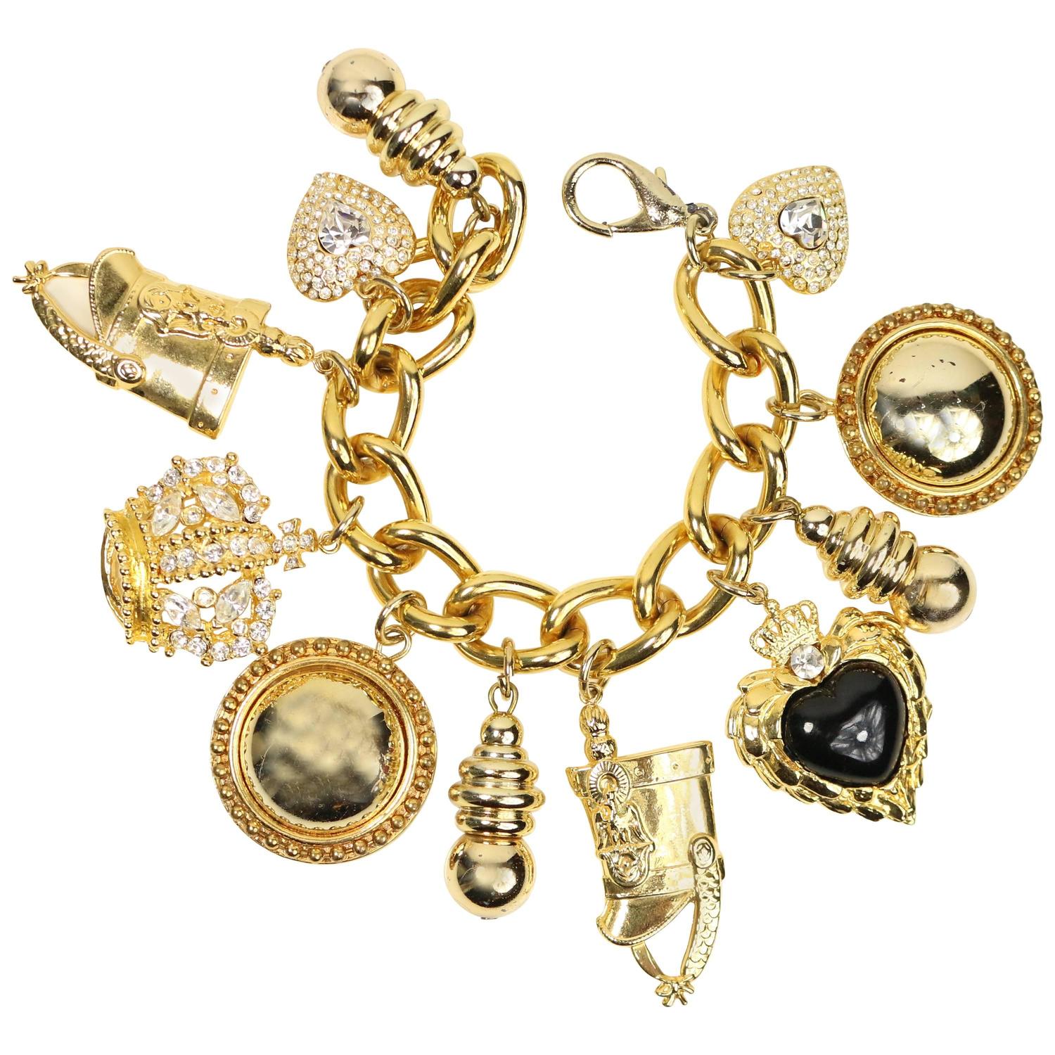Vintage 80s Gold Chain Charms Bracelet For Sale at 1stdibs