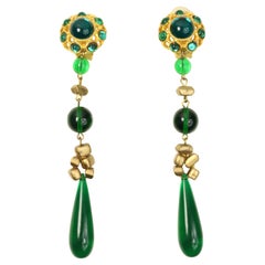 Vintage Les Bernard Gold Toned Setting Green Cabochon Stones Dangle Clip On Earrings 