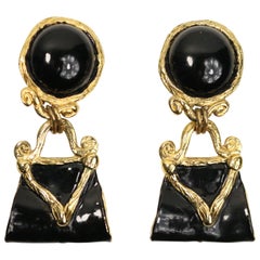 Gold Setting Black Stone Dangle Drop Handbag Pendant Clip On Earrings