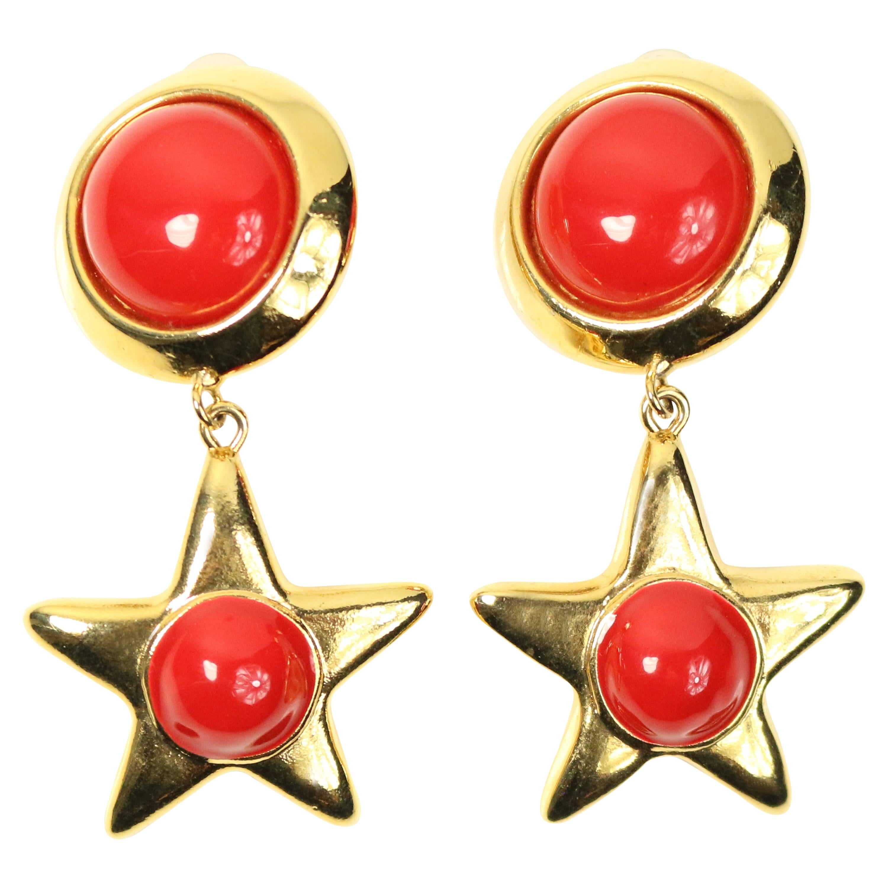 Escada Gold Toned Hardware Red Round and Star Shaped Drop Clip On Earrings  For Sale