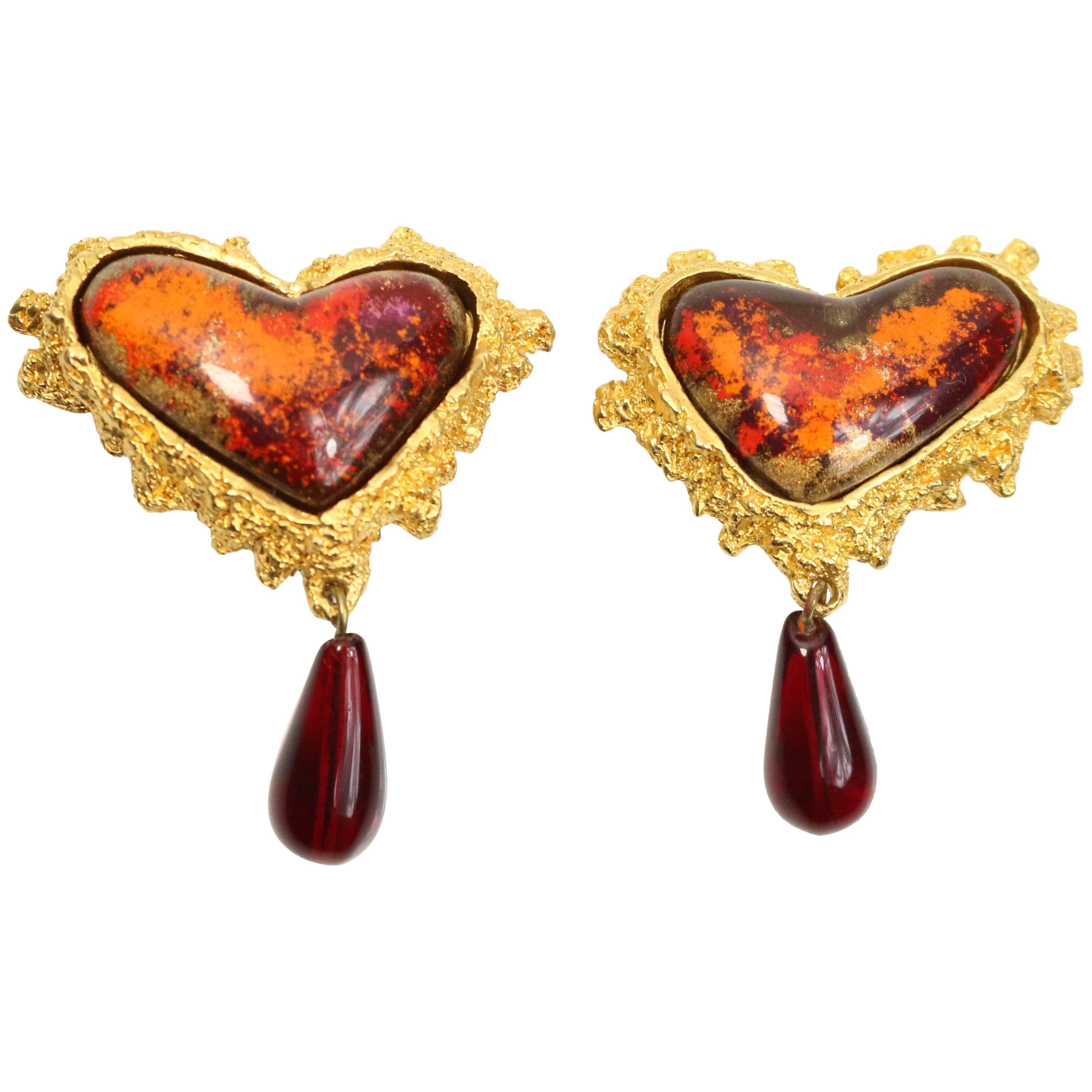 Christian Lacroix Red/Orange Resin Inlaid Heart Shaped ClipOn Earrings