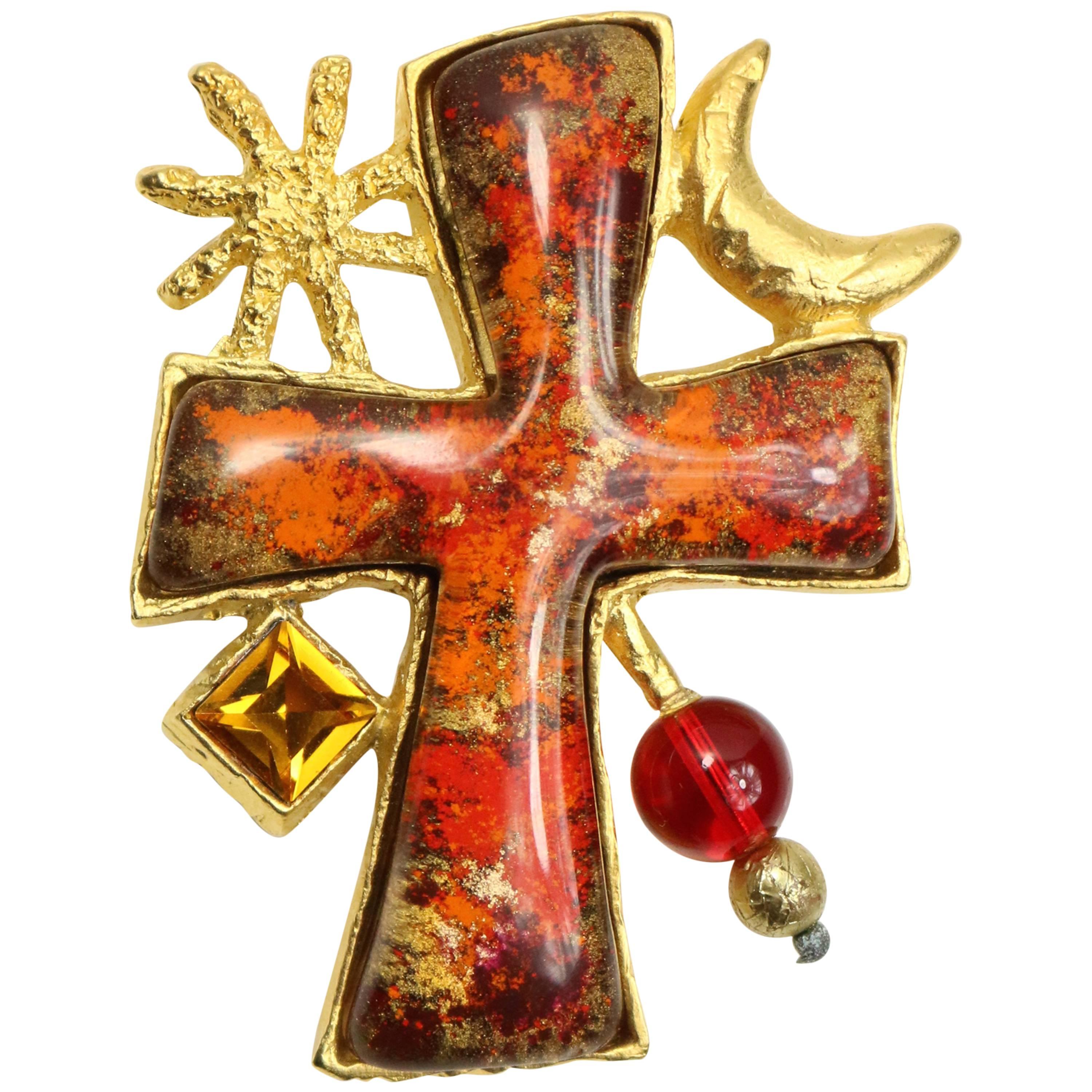 Christian Lacroix Red/Orange Resin Inlaid Cross Gold Toned Sun and Moon Brooch