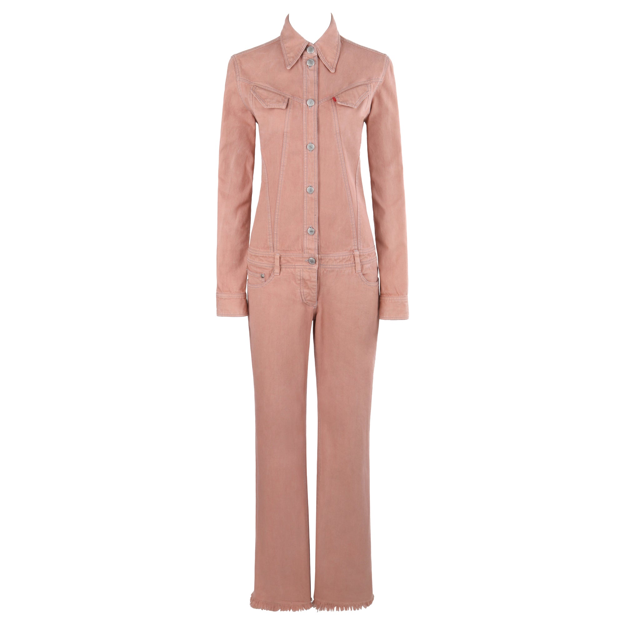 ALEXANDER McQUEEN A/W 1999 "The Overlook" Pink Denim Low Rise Bumster Jumpsuit For Sale
