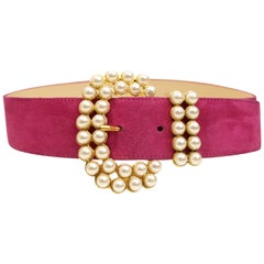 Vintage 80s Faux Pearl Gold Toned Hardware Pink Suede Belt