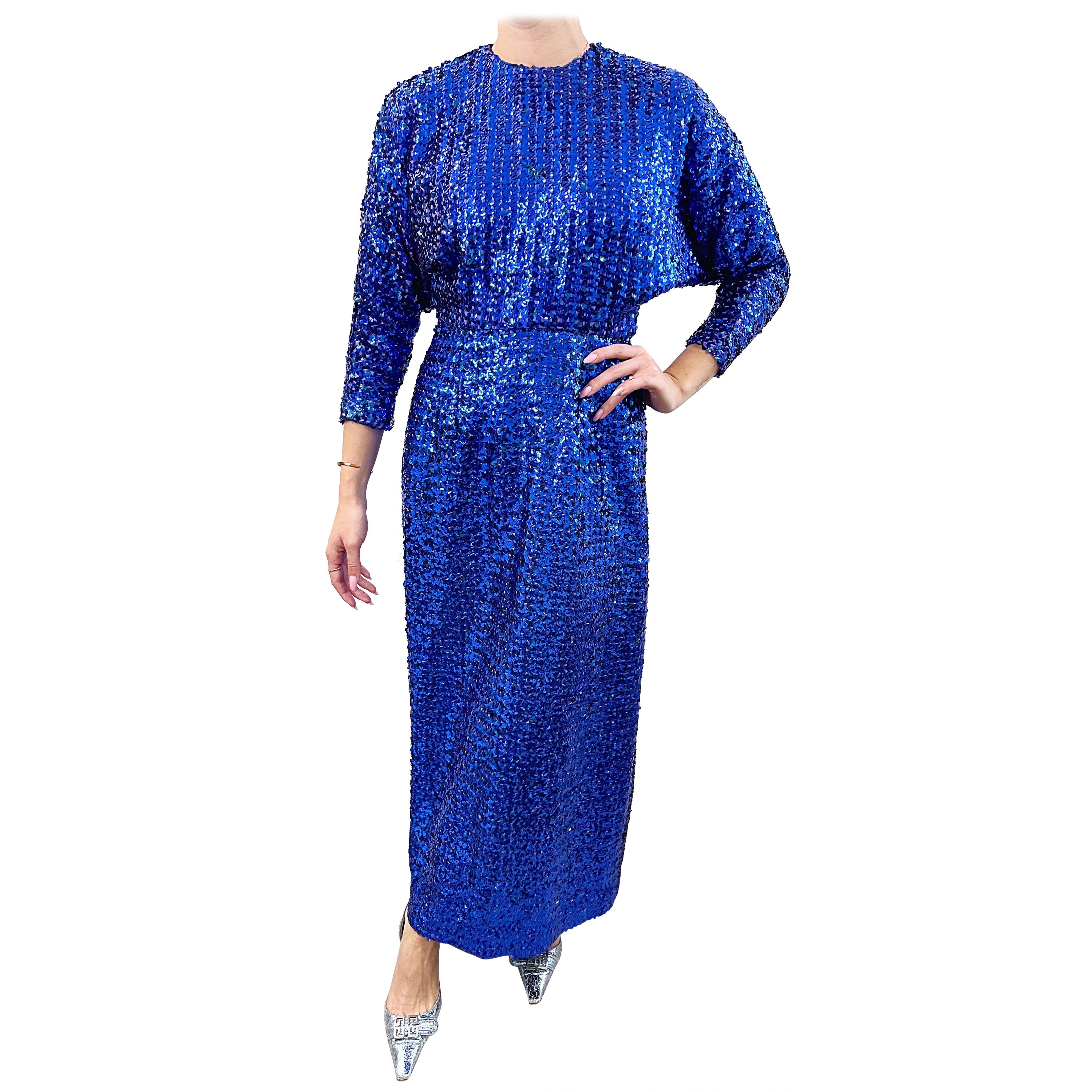 1970s Royal Blue Fully Sequin Dolman Sleeves Vintage 70s Evening Gown Dress  For Sale