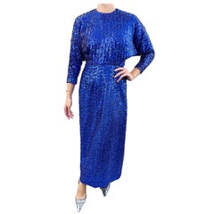 1970s Royal Blue Fully Sequin Dolman Sleeves Retro 70s Evening Gown Dress 