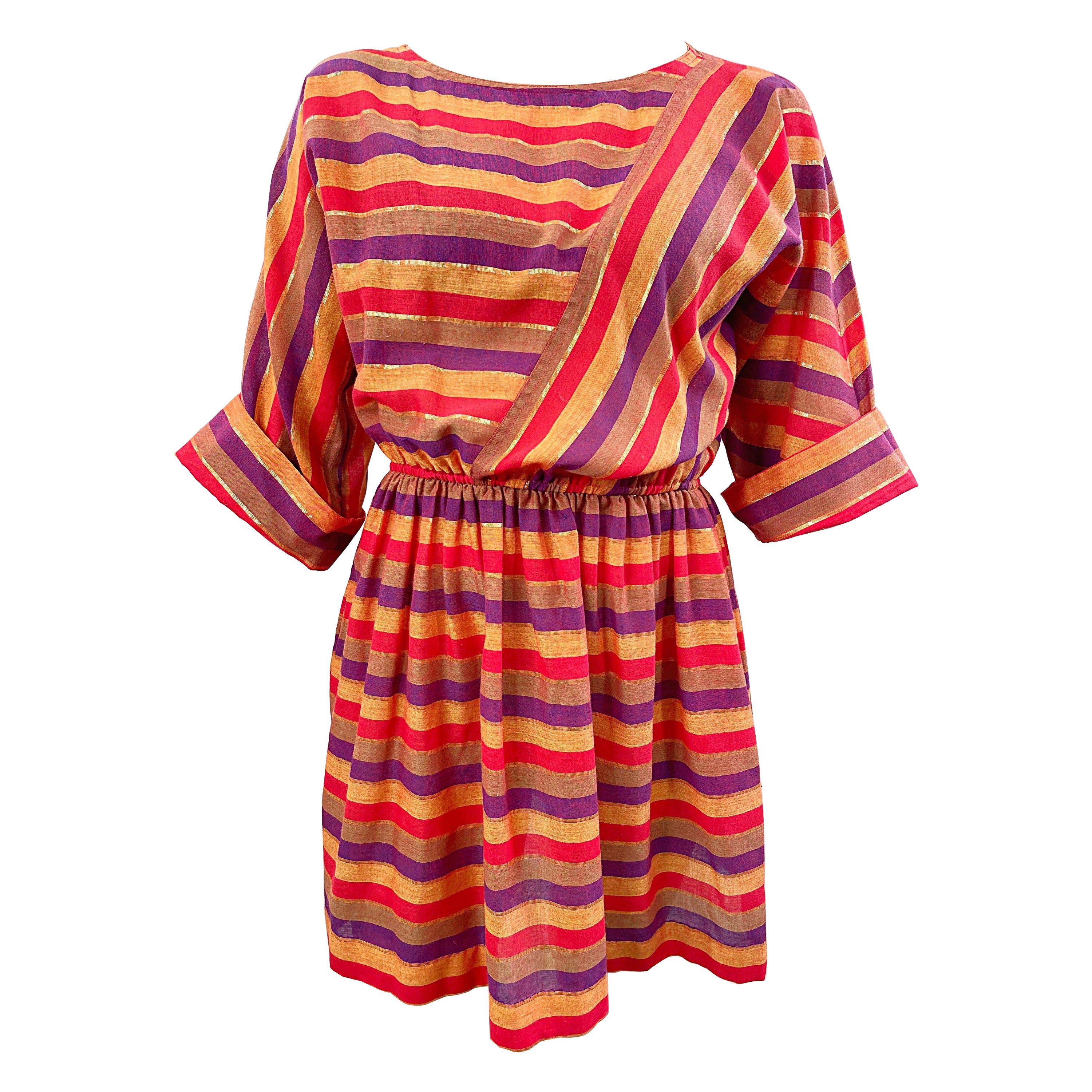 1970s Diane Von Furstenberg Red Purple Gold Orange Striped Vintage 70s Dress For Sale