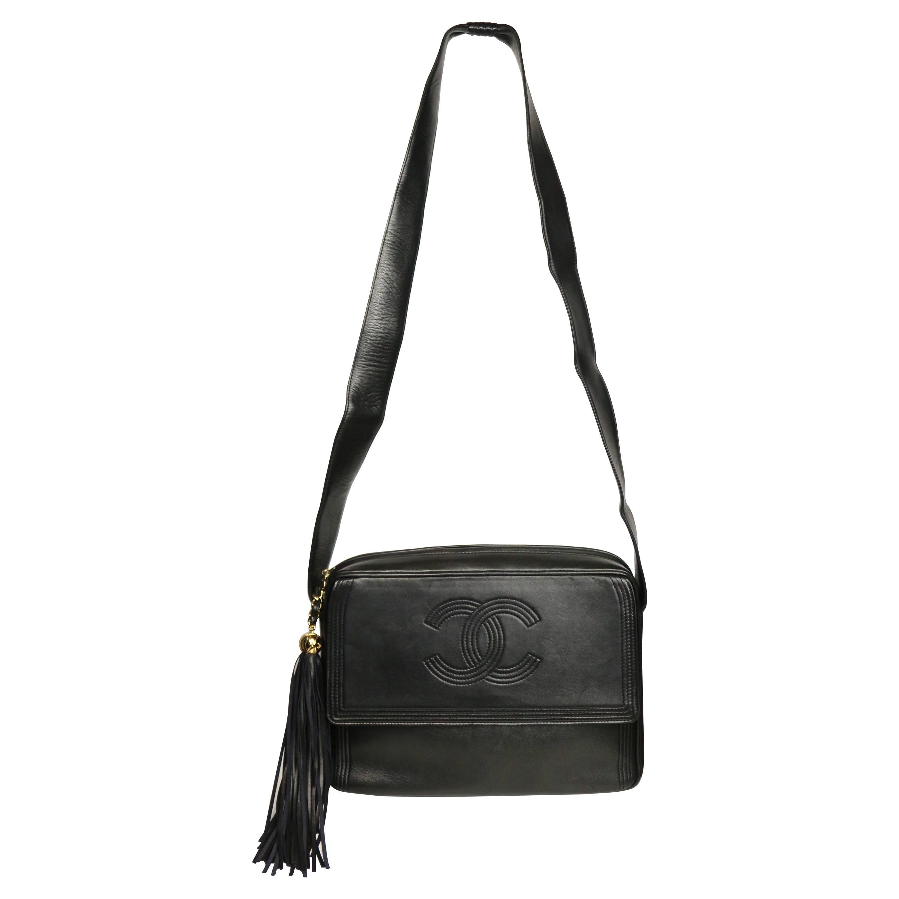 Vintage Chanel Black Leather Flap Bag with Tassel
