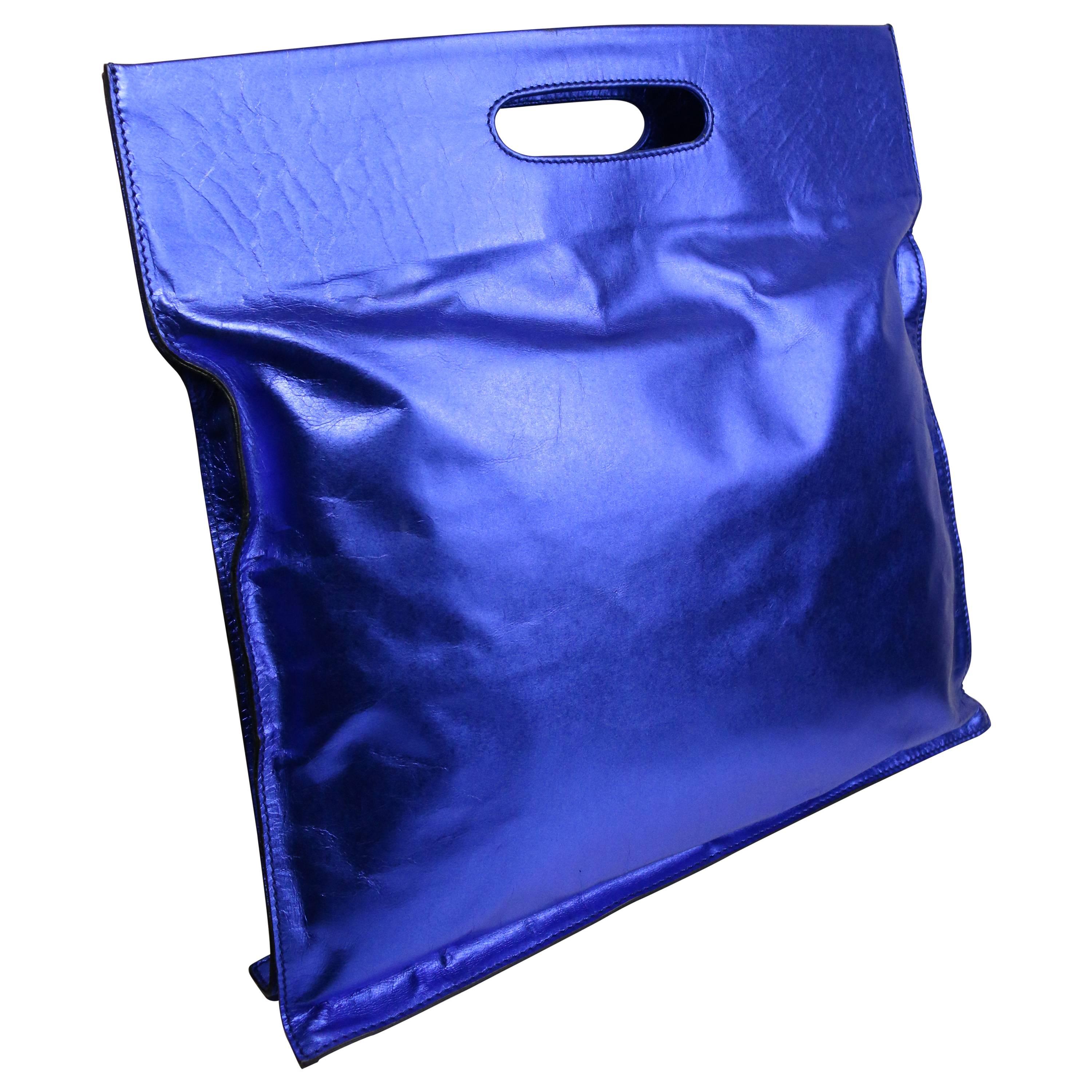 Costume National Blau Metallic Leder Handle Tote Bag 