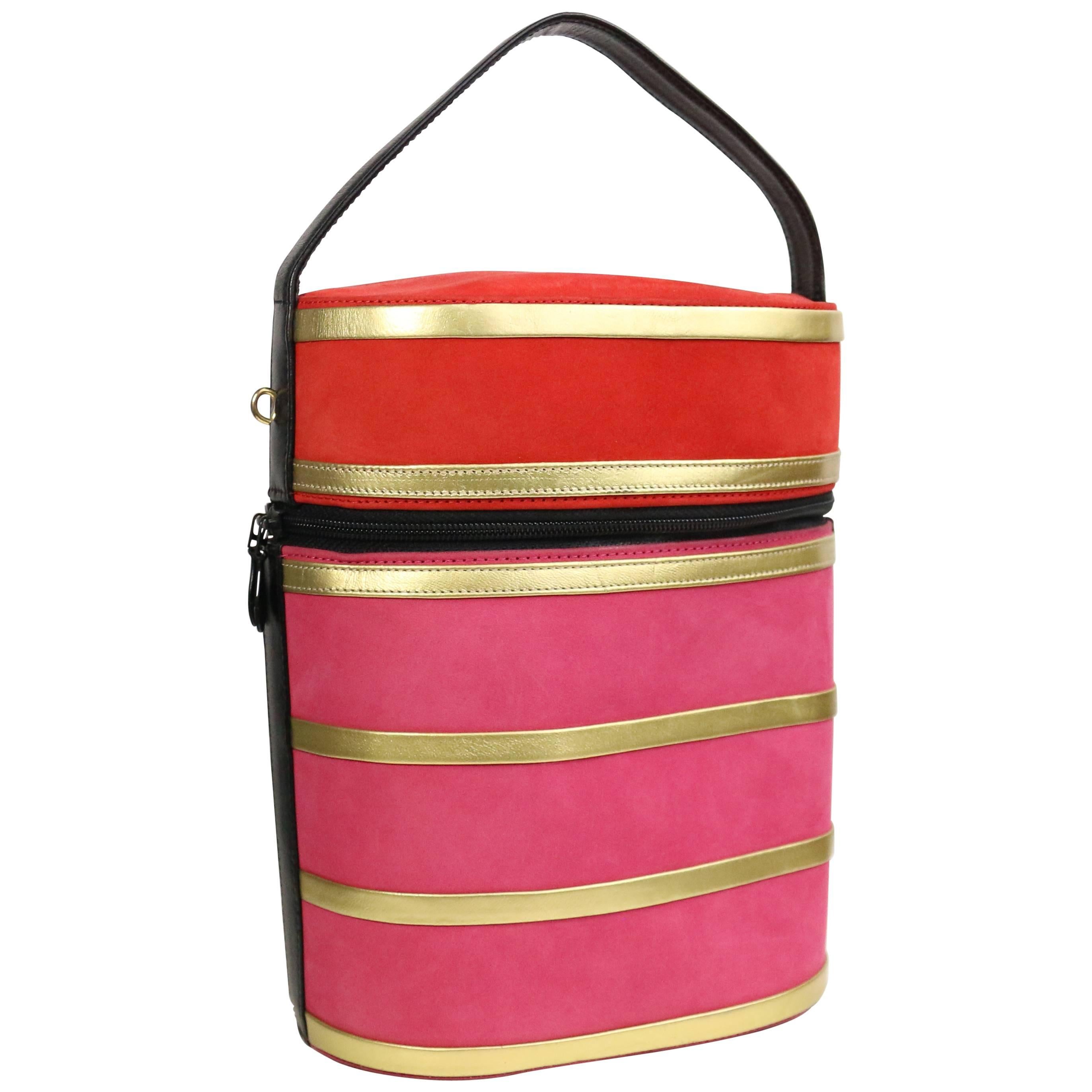 Charles Jourdan Red and Pink Suede Gold Leather Stripes Round Handbag with Strap