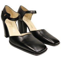 Vintage Chanel Classic Black Leather Square Toe Heels