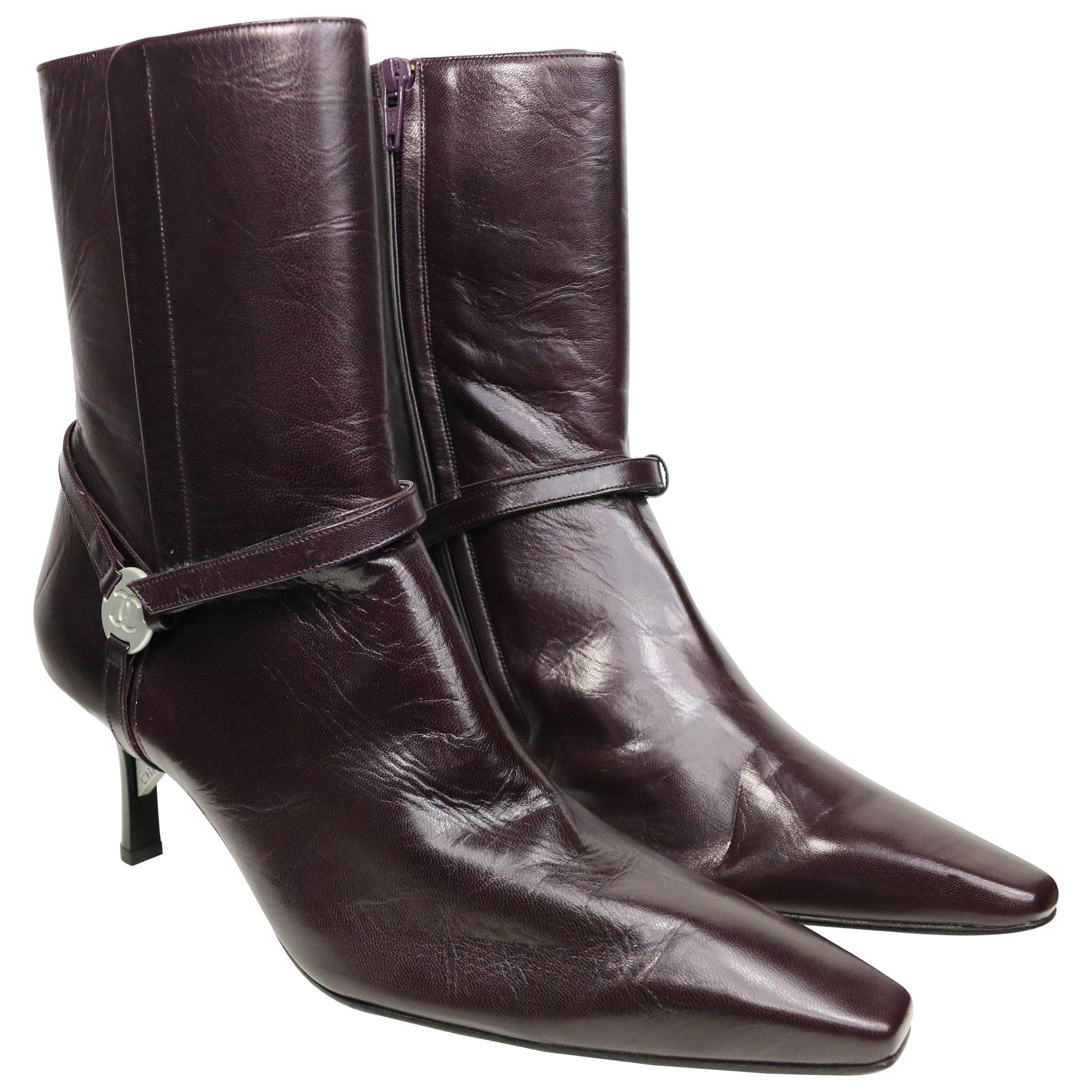 Chanel Burgundy Leather Ankle Boots For Sale