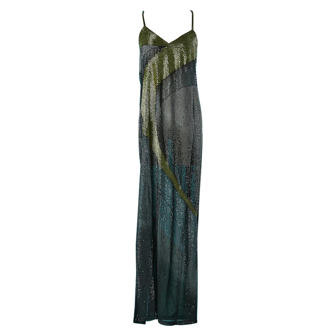 Grey and green full beaded evening dress Krizia New  For Sale