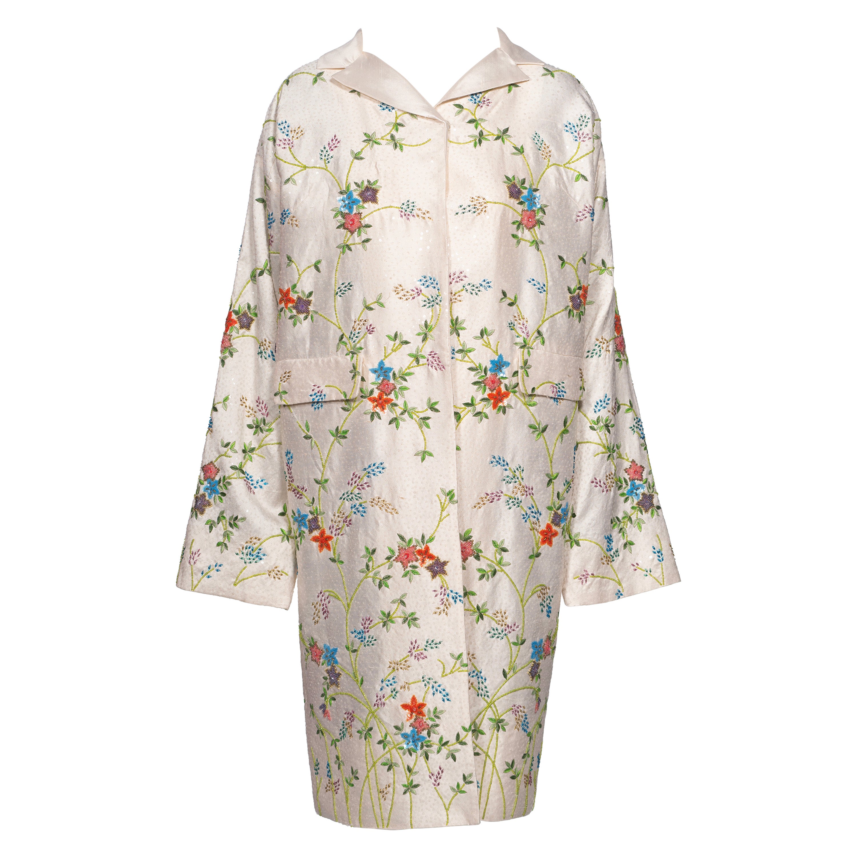 Dolce & Gabbana Hand-Embroidered White Raw Silk Evening Couture Coat, ss 1997 For Sale