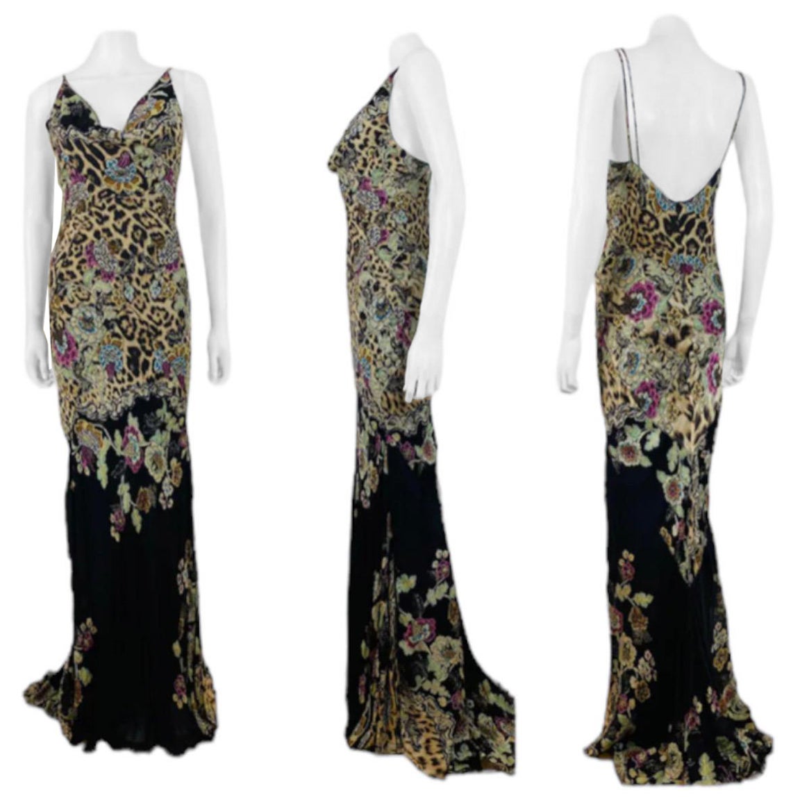 Stunning S/S 2003 Roberto Cavalli Chinoiserie collection dress
Semi sheer silk leopard + floral print fabric over tissue black silk lining
Thin shoulder straps
Draped neckline with weight between bust
Low cut back
Fitted bias cut with stitched