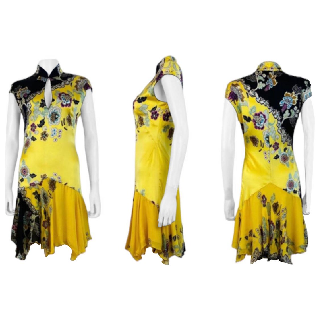 Incredible S/S 2003 Roberto Cavalli Dress
Chinoiserie collection
Bright yellow stretch silk fabric with oversized bold floral print with gold glitter painted style accents
Cheongsam qipao style neckline with hook closure at the front of the