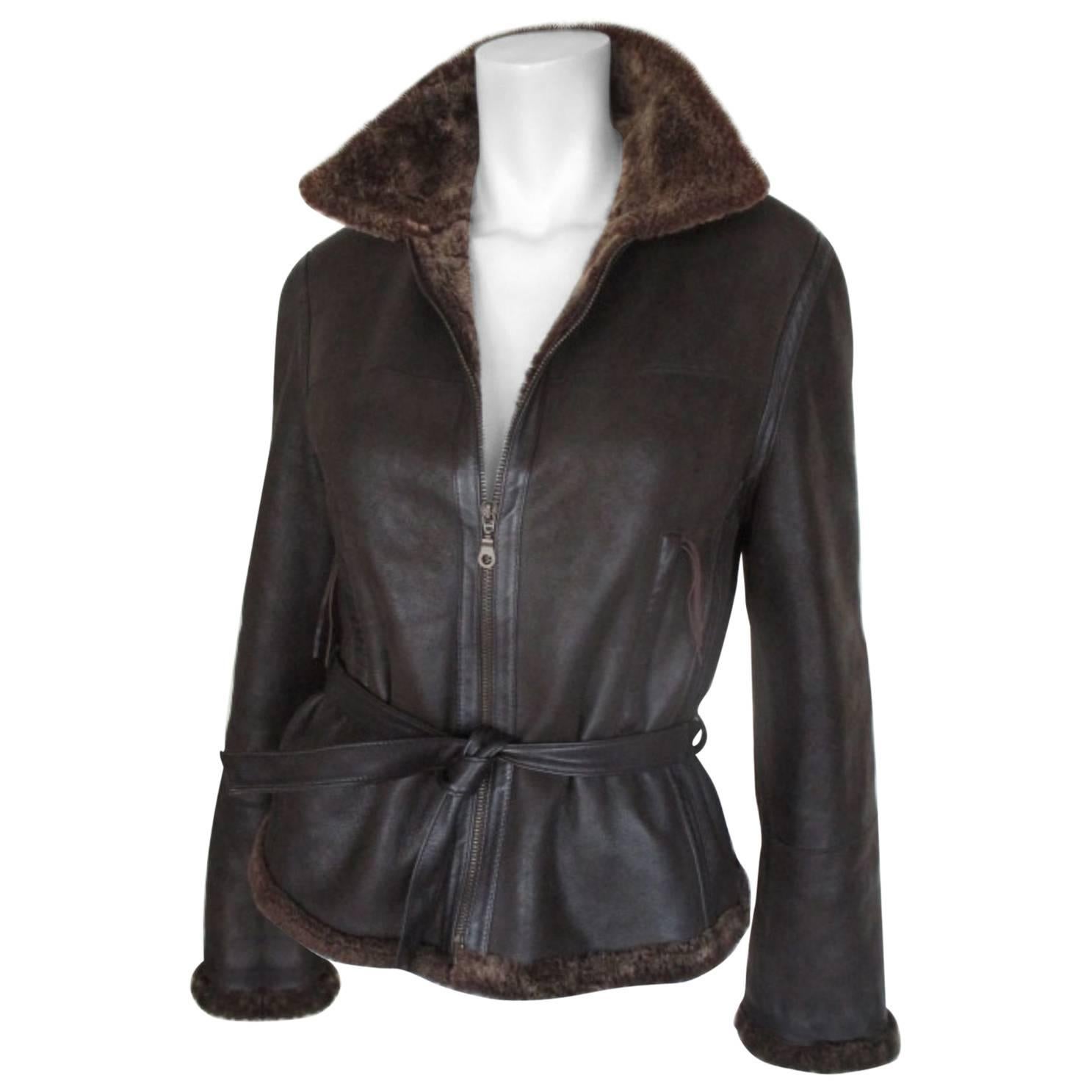 soft brown belted shearling fur jacket