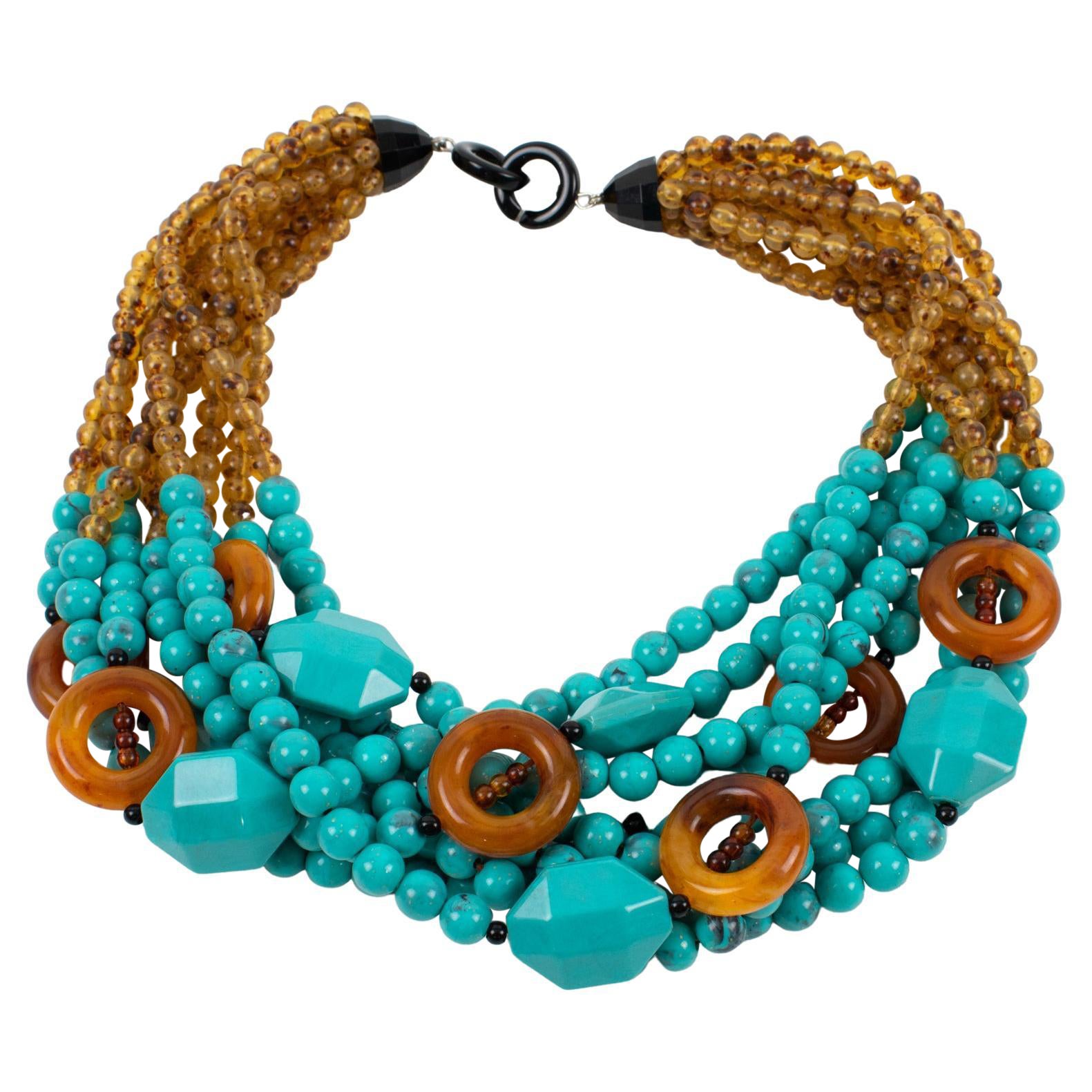Angela Caputi Resin Choker Necklace Turquoise and Brown Multi-Strand