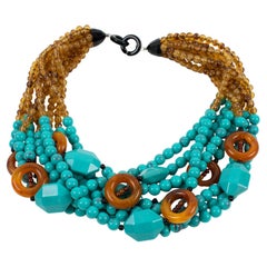 Vintage Angela Caputi Resin Choker Necklace Turquoise and Brown Multi-Strand