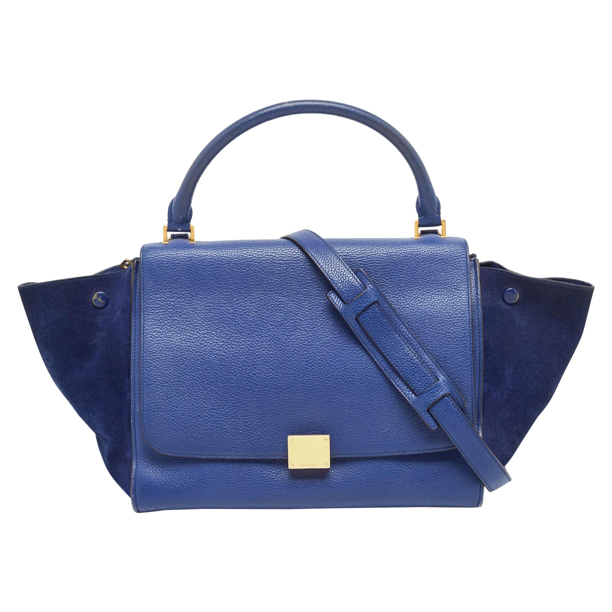 Celine Blue Leather and Suede Medium Trapeze Bag For Sale