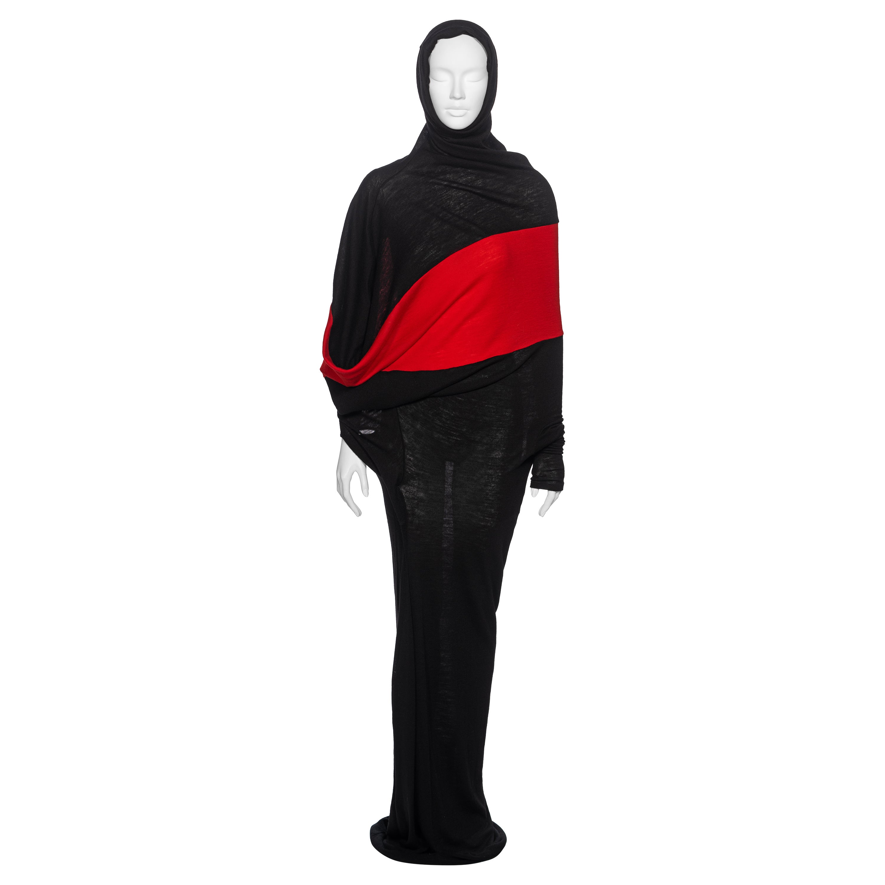 Yohji Yamamoto Black and Red Wool Asymmetric Convertible Maxi Dress, fw 2012 For Sale