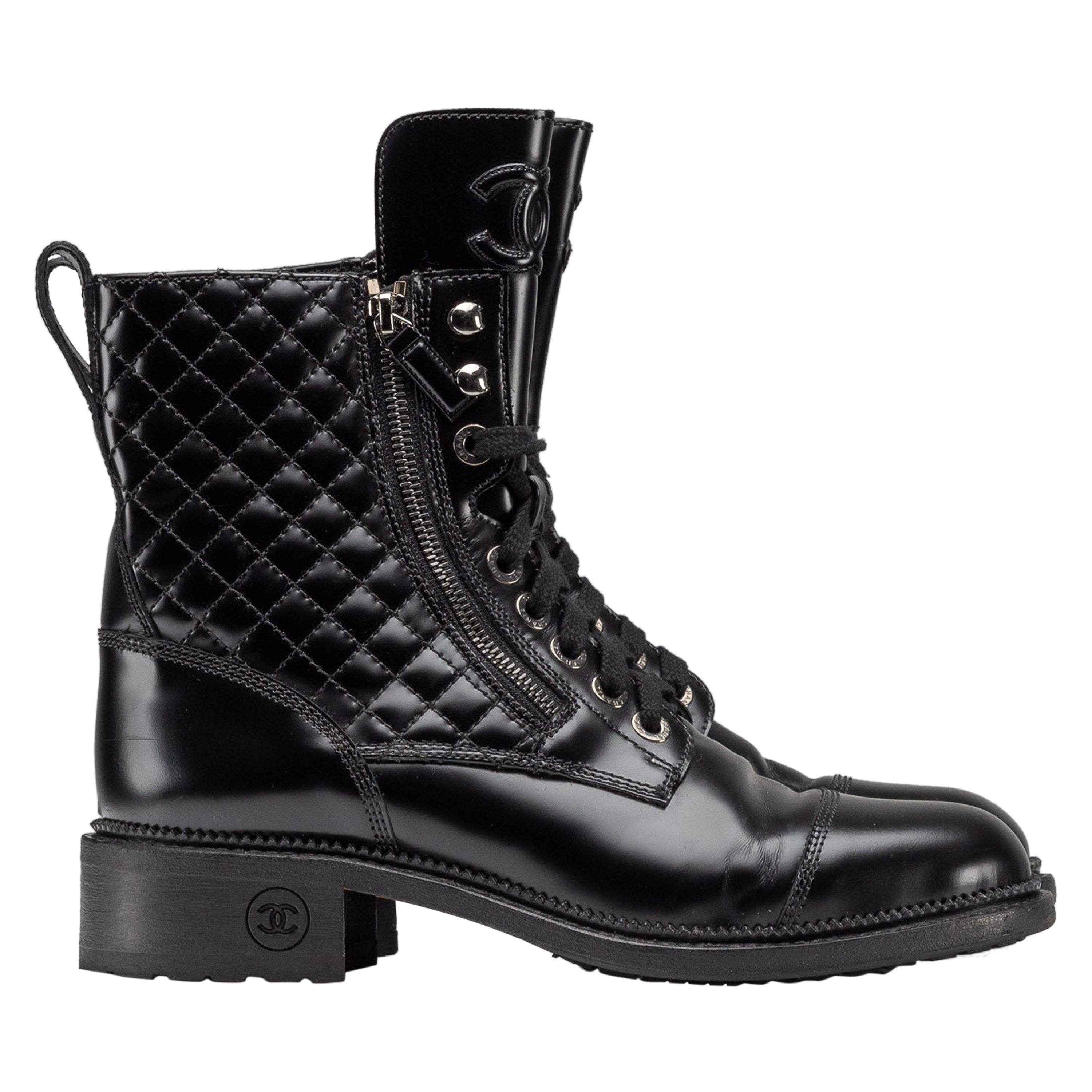 Chanel CC Black Leather Combat Boots Size 40 For Sale