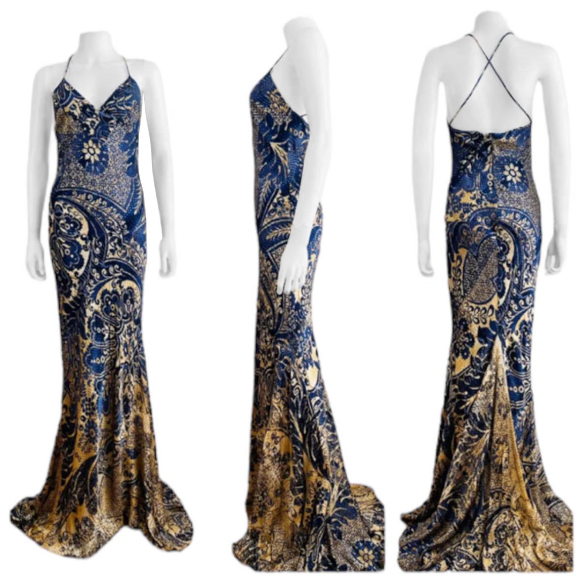 Vintage 2005 Roberto Cavalli Blue + Tan Printed Bias Silk Maxi Dress Mermaid Hem For Sale