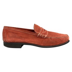 BATTISTONI Size 7.5 Brick Contrast Stitch Suede Slip On Penny Loafers