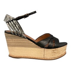 DEREK LAM Size 6 Black & Tan Leather Wood Wedge Sandals
