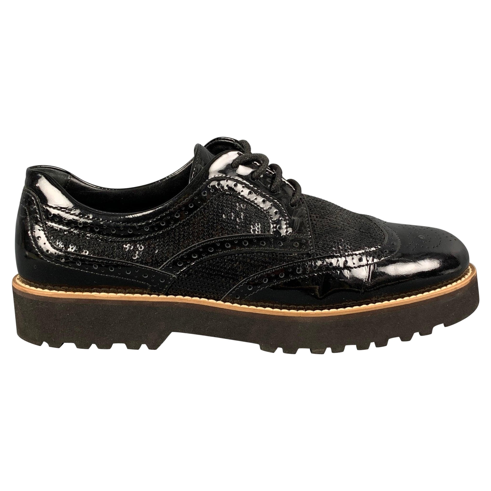 HOGAN Size 7.5 Black Perforated Patent Leather Wingtip Lace Up Shoes For Sale