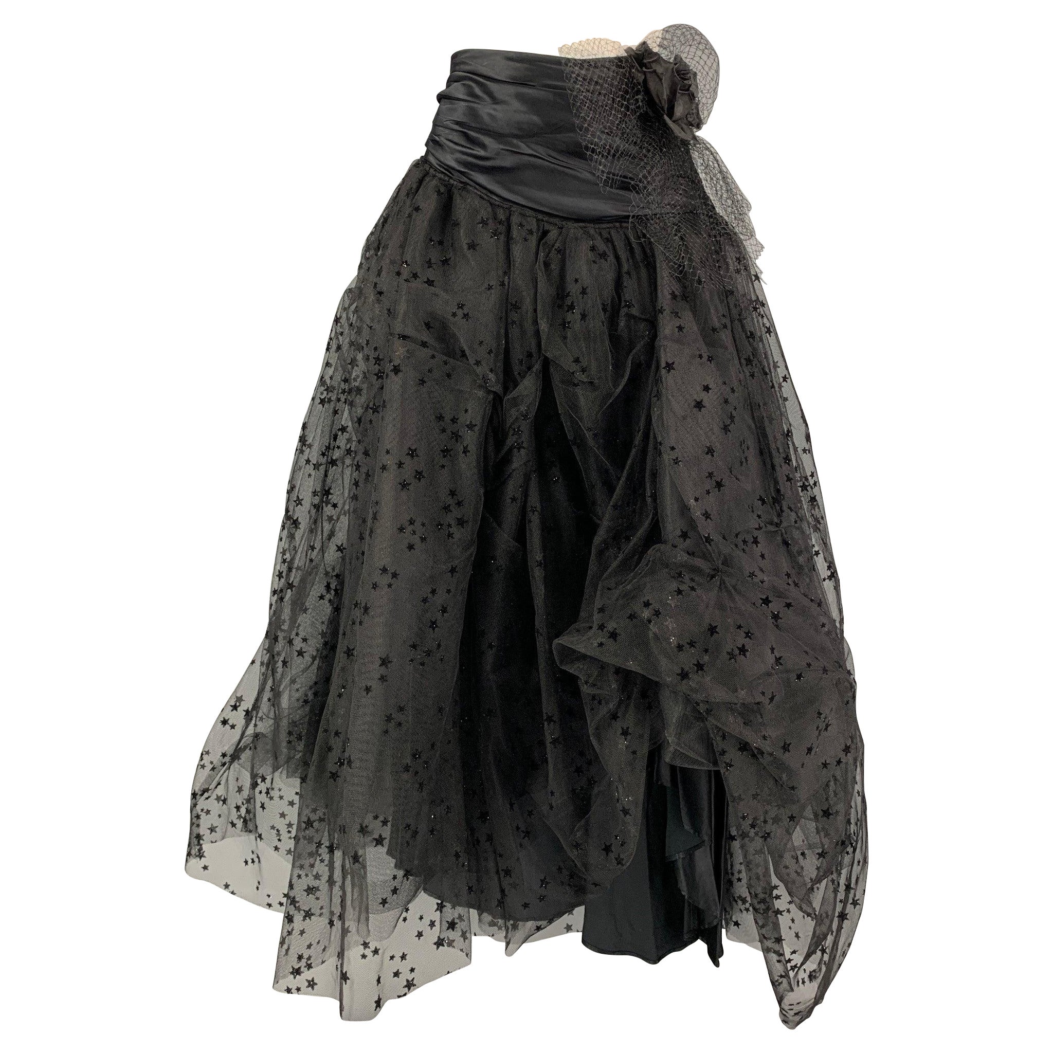 FAITH CONNEXION Size 6 Black Viscose Stars Long Skirt For Sale