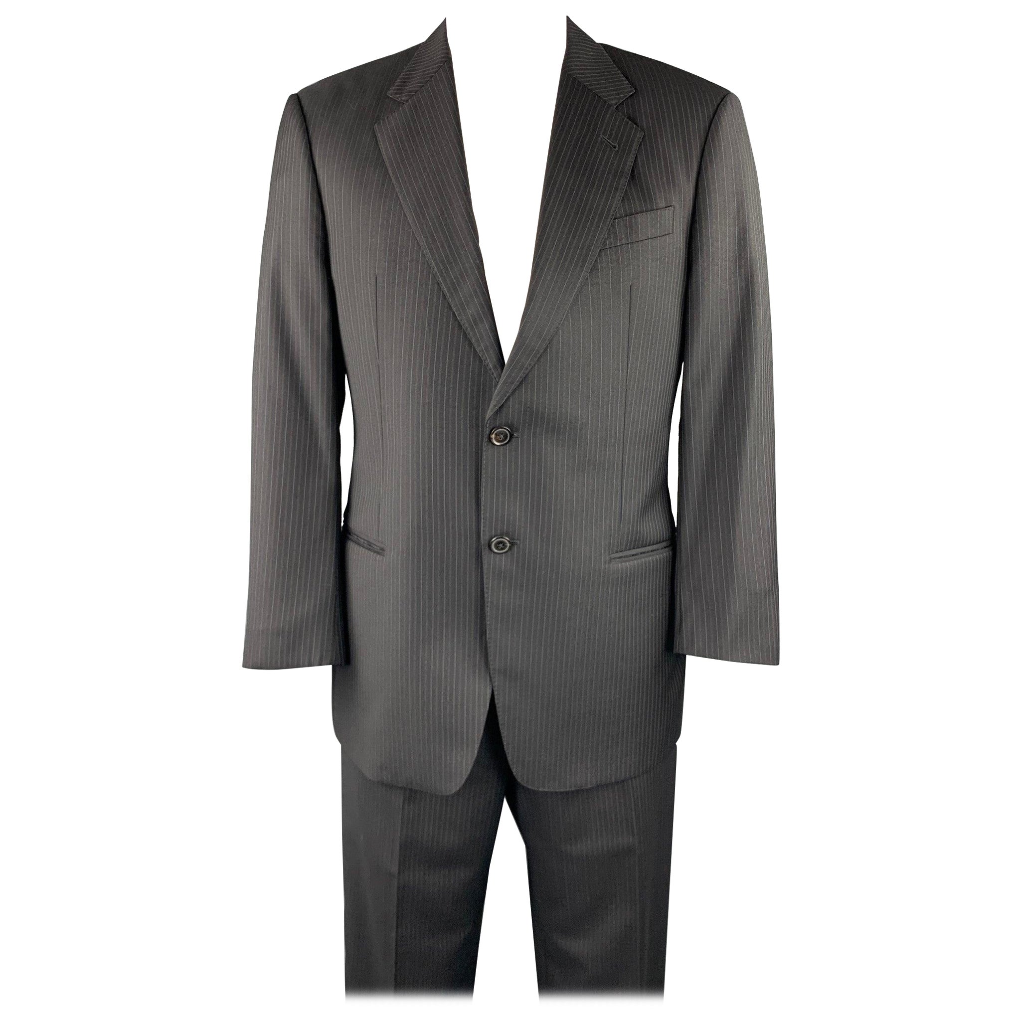 EMPORIO ARMANI Size 42 Regular Black Stripe Wool Notch Lapel Suit For Sale