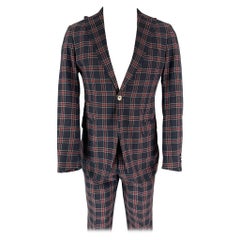 MICHAEL BASTIAN Size 38 Navy Red Plaid Cotton Peak Lapel Suit